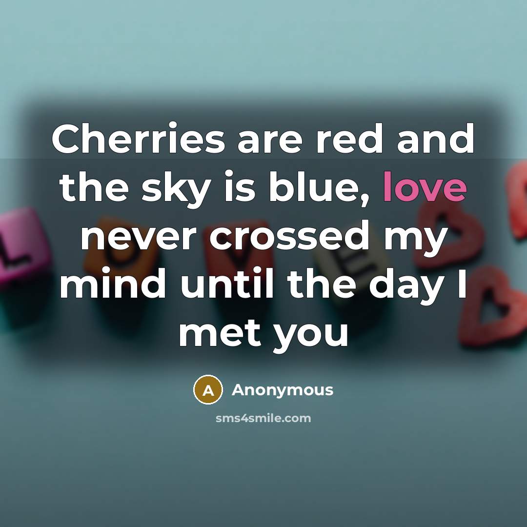 “Cherries are red and the sky is blue, love never crossed my mind until the day I met you” quote by Anonymous