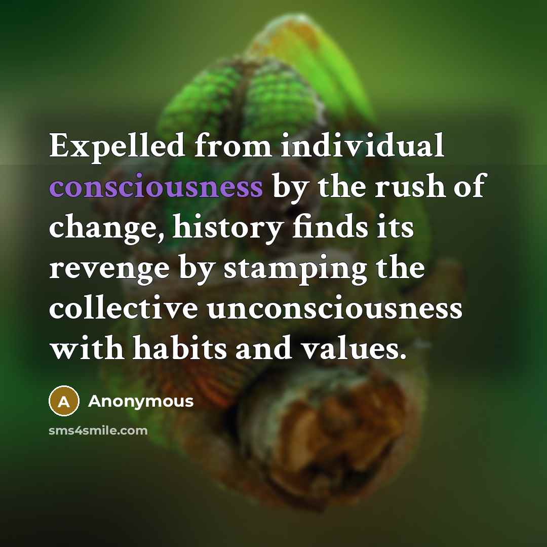 “Expelled from individual consciousness by the rush of change, history finds its revenge by stamping the collective unconsciousness with habits and values.” quote by Anonymous
