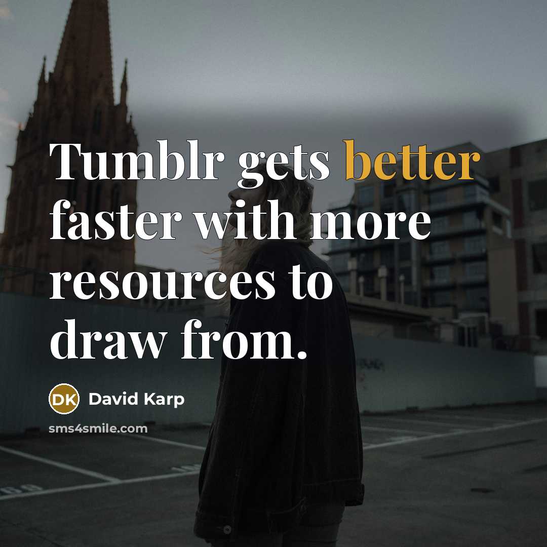 “Tumblr gets better faster with more resources to draw from.” quote by David Karp