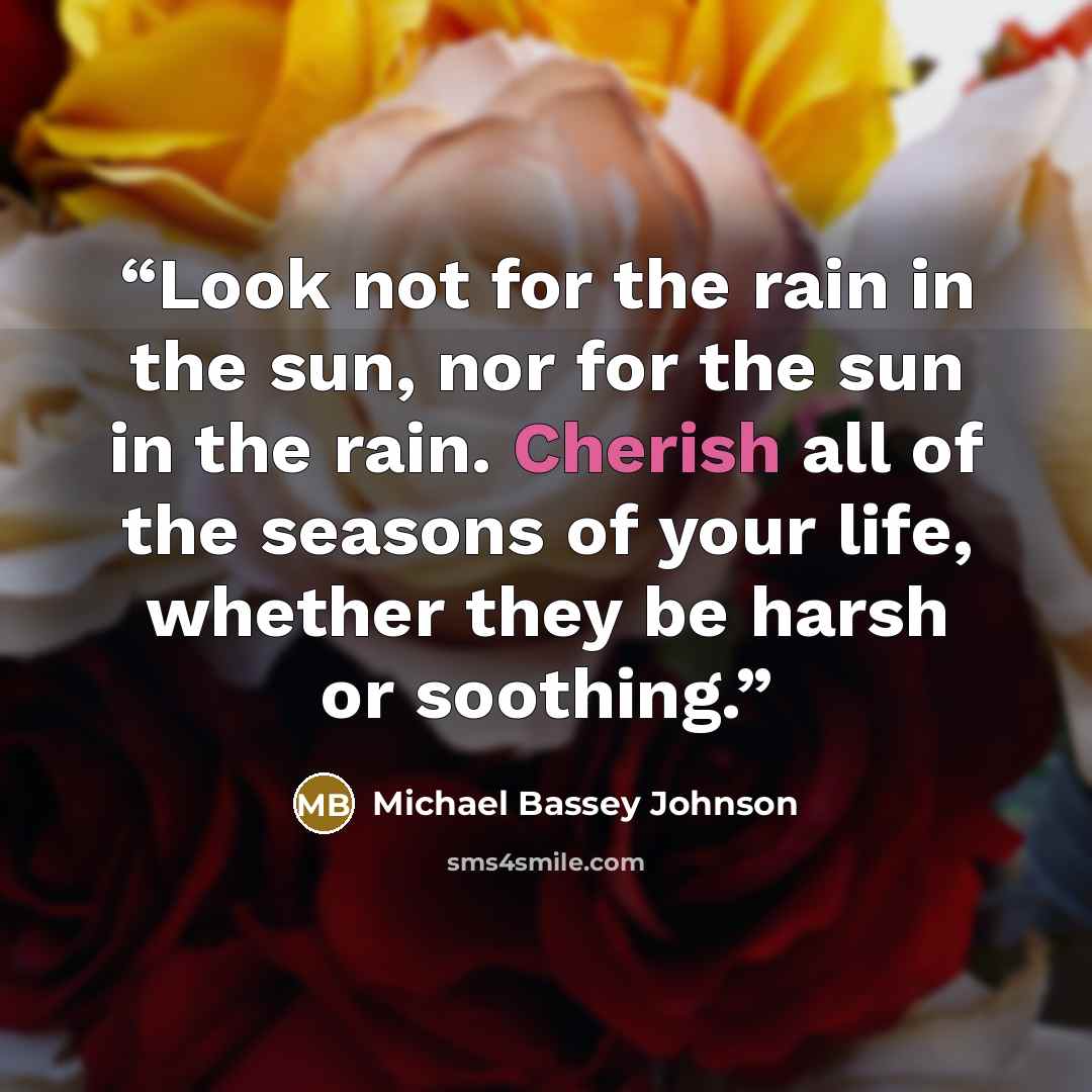 “Look not for the rain in the sun, nor for the sun in the rain. Cherish all of the seasons of your life, whether they be harsh or soothing.” quote by Michael Bassey Johnson