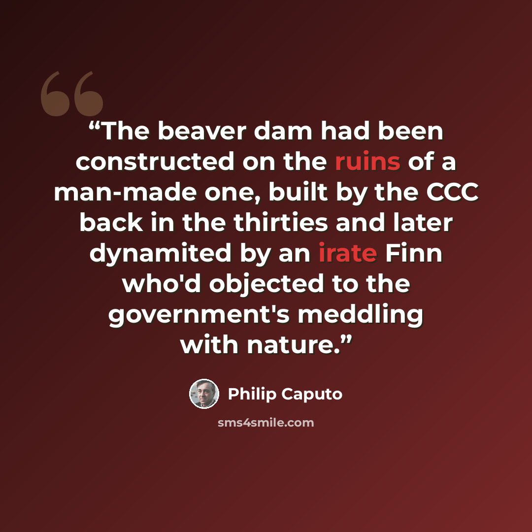 “The beaver dam had been constructed on the ruins of a man-made one, built by the CCC back in the thirties and later dynamited by an irate Finn who'd objected to the government's meddling with nature.” quote by Philip Caputo
