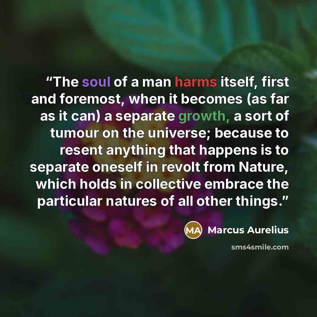 “The soul of a man harms itself, first and foremost, when it becomes (as far as it can) a separate growth, a sort of tumour on the universe; because to resent anything that happens is to separate oneself in revolt from Nature, which holds in collective embrace the particular natures of all other…” quote by Marcus Aurelius