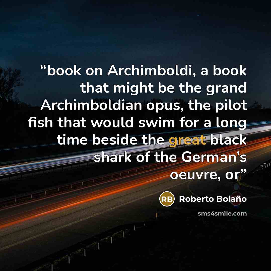 “book on Archimboldi, a book that might be the grand Archimboldian opus, the pilot fish that would swim for a long time beside the great black shark of the German’s oeuvre, or” quote by Roberto Bolaño