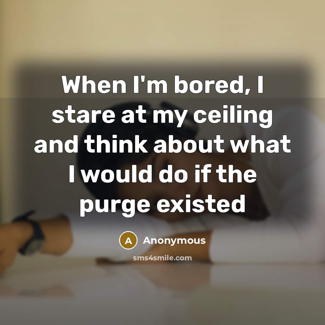 “When I'm bored, I stare at my ceiling and think about what I would do if the purge existed” quote by Anonymous