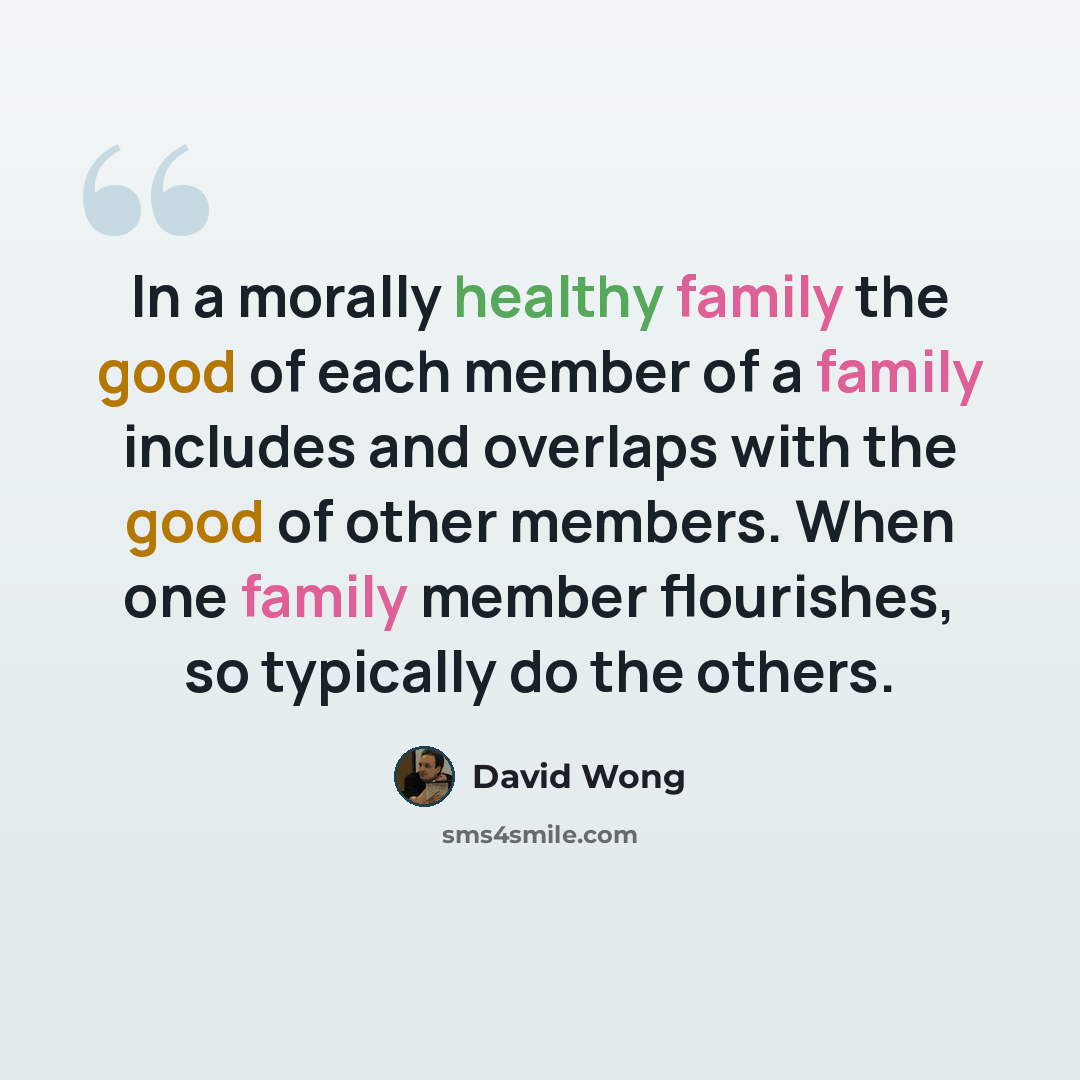 “In a morally healthy family the good of each member of a family includes and overlaps with the good of other members. When one family member flourishes, so typically do the others.” quote by David Wong