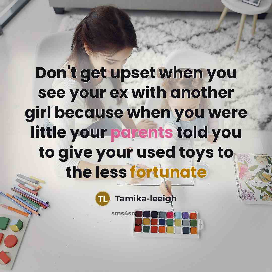 “Don't get upset when you see your ex with another girl because when you were little your parents told you to give your used toys to the less fortunate” quote by Tamika-leeigh