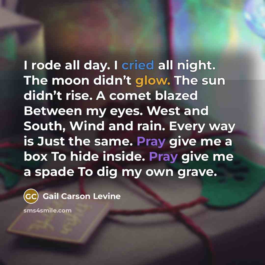 “I rode all day. I cried all night. The moon didn’t glow. The sun didn’t rise. A comet blazed Between my eyes. West and South, Wind and rain. Every way is Just the same. Pray give me a box To hide inside. Pray give me a spade To dig my own grave.” quote by Gail Carson Levine
