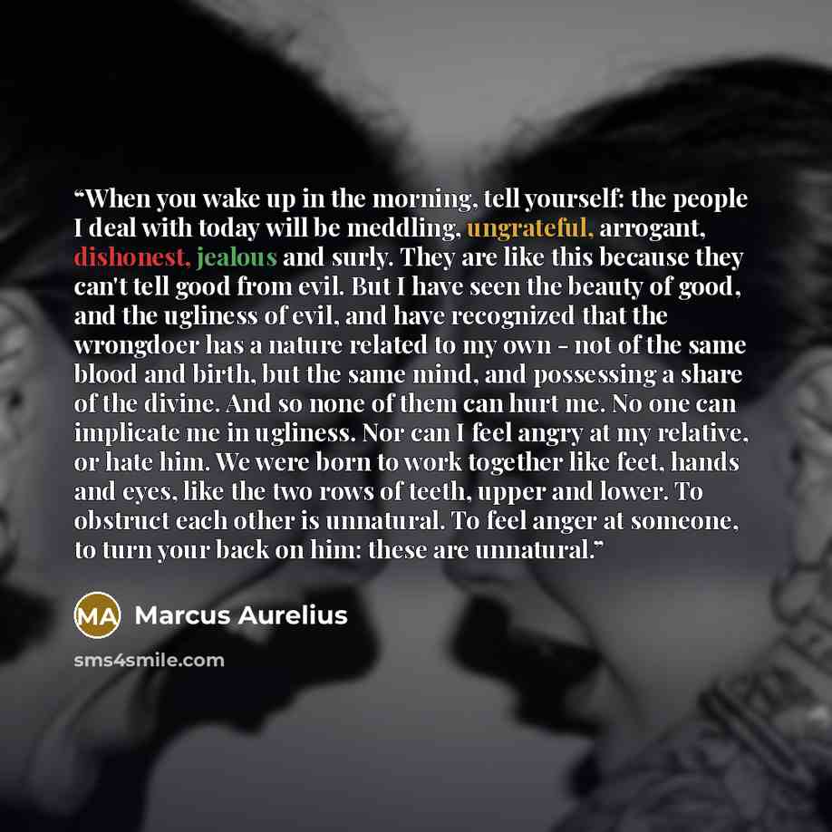 “When you wake up in the morning, tell yourself: the people I deal with today will be meddling, ungrateful, arrogant, dishonest, jealous and surly. They are like this because they can't tell good from evil. But I have seen the beauty of good, and the ugliness of evil, and have recognized that the…” quote by Marcus Aurelius