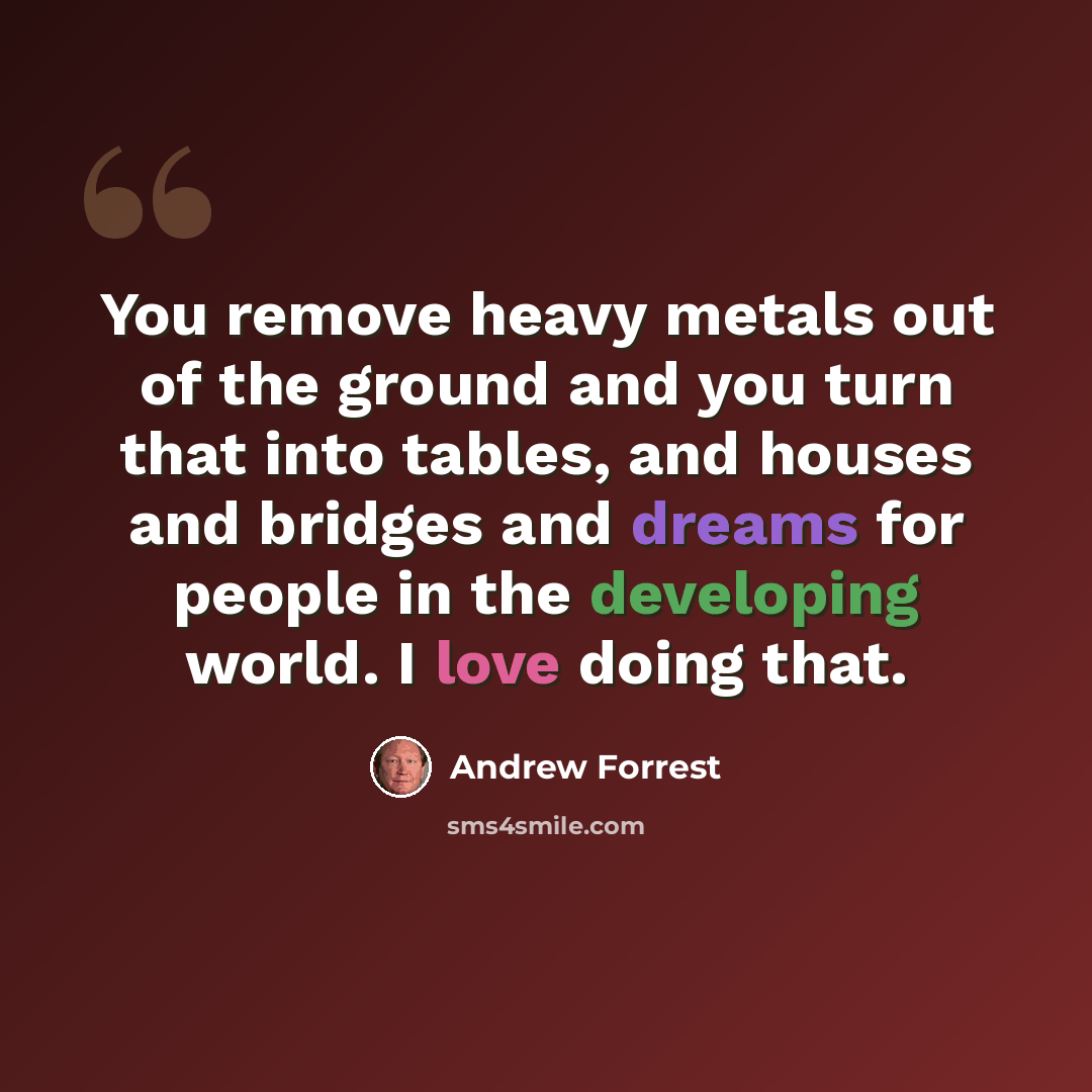 “You remove heavy metals out of the ground and you turn that into tables, and houses and bridges and dreams for people in the developing world. I love doing that.” quote by Andrew Forrest