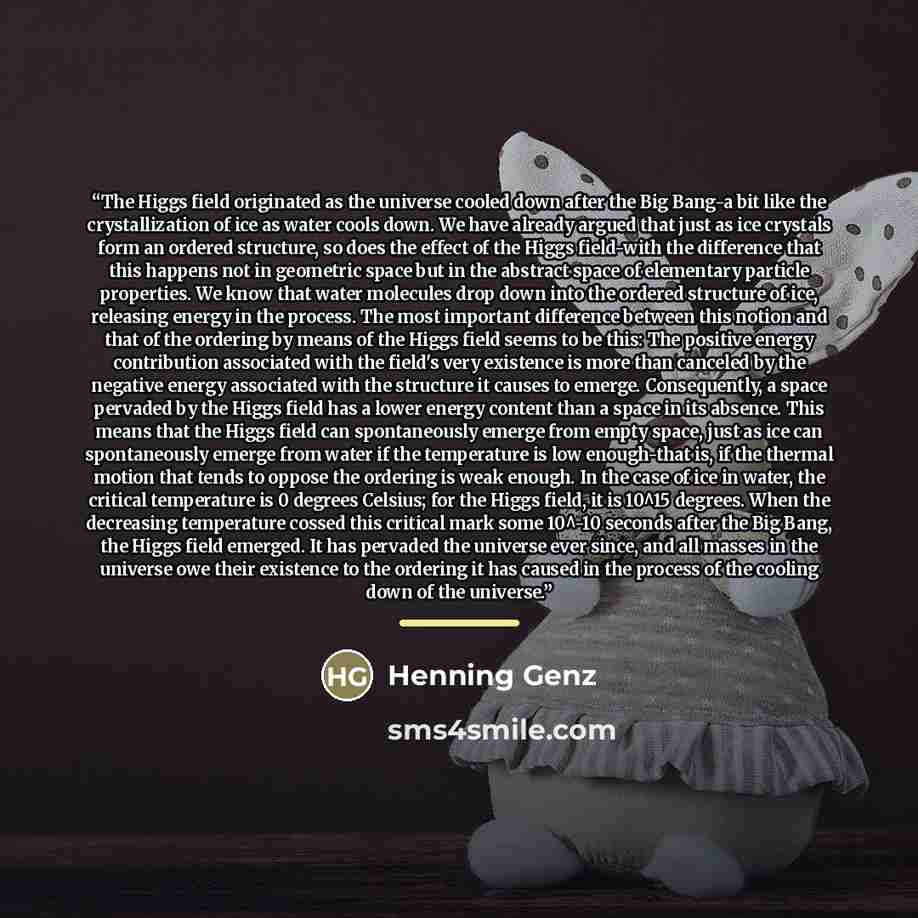“The Higgs field originated as the universe cooled down after the Big Bang-a bit like the crystallization of ice as water cools down. We have already argued that just as ice crystals form an ordered structure, so does the effect of the Higgs field-with the difference that this happens not in…” quote by Henning Genz