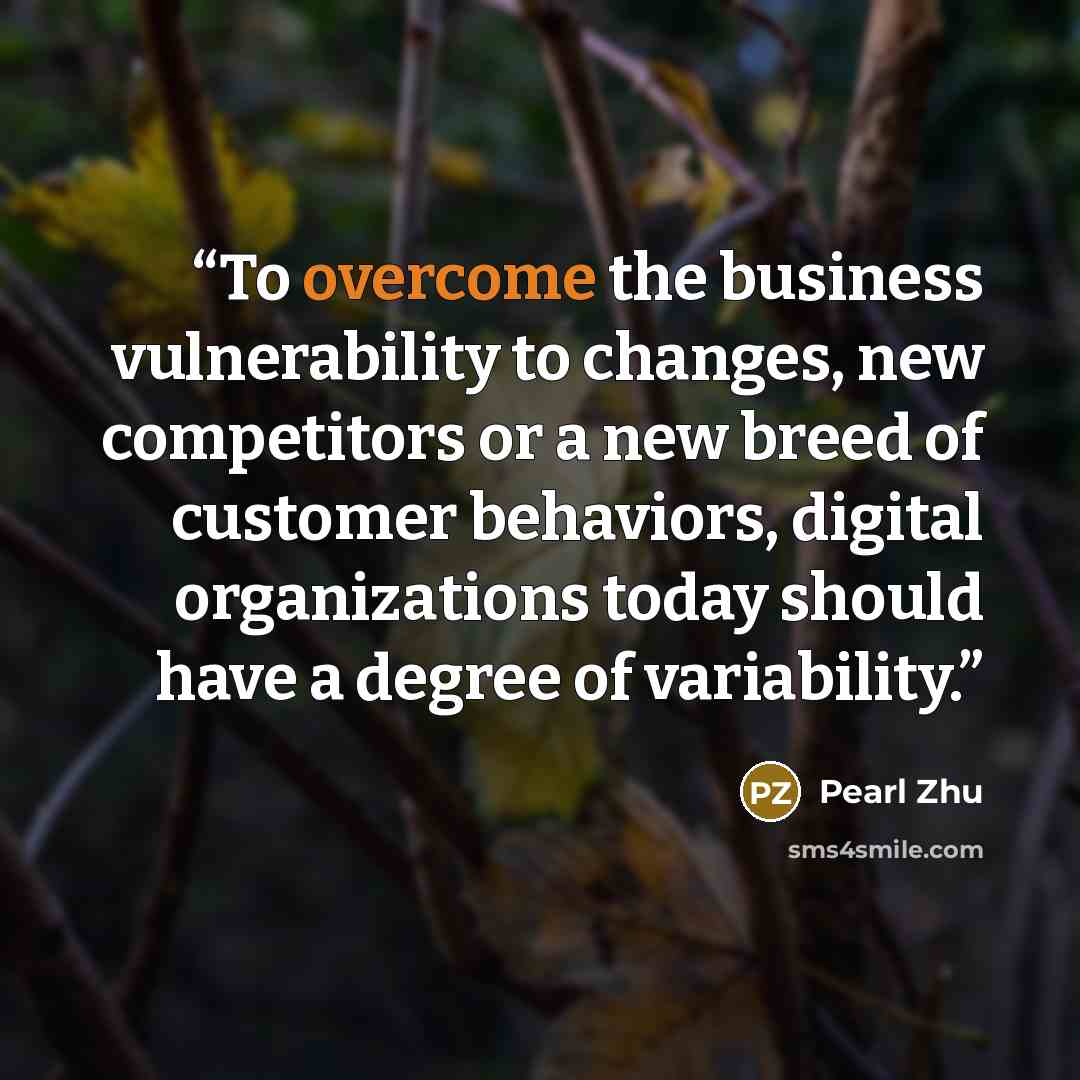 “To overcome the business vulnerability to changes, new competitors or a new breed of customer behaviors, digital organizations today should have a degree of variability.” quote by Pearl Zhu