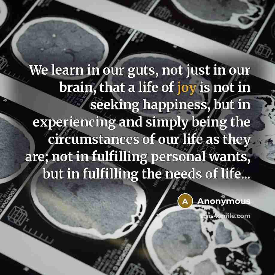 “We learn in our guts, not just in our brain, that a life of joy is not in seeking happiness, but in experiencing and simply being the circumstances of our life as they are; not in fulfilling personal wants, but in fulfilling the needs of life...” quote by Anonymous