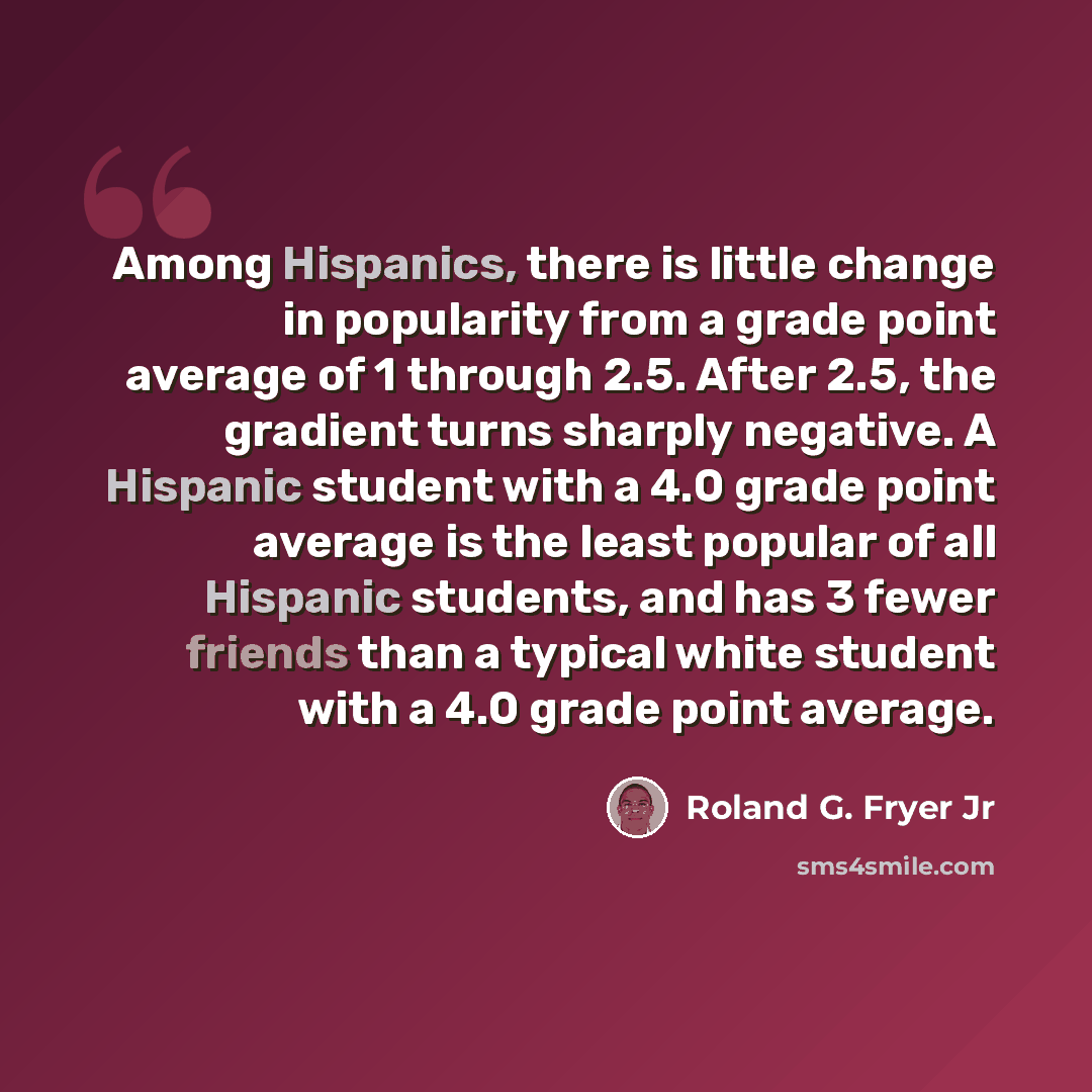 “Among Hispanics, there is little change in popularity from a grade point average of 1 through 2.5. After 2.5, the gradient turns sharply negative. A Hispanic student with a 4.0 grade point average is the least popular of all Hispanic students, and has 3 fewer friends than a typical white student…” quote by Roland G. Fryer Jr