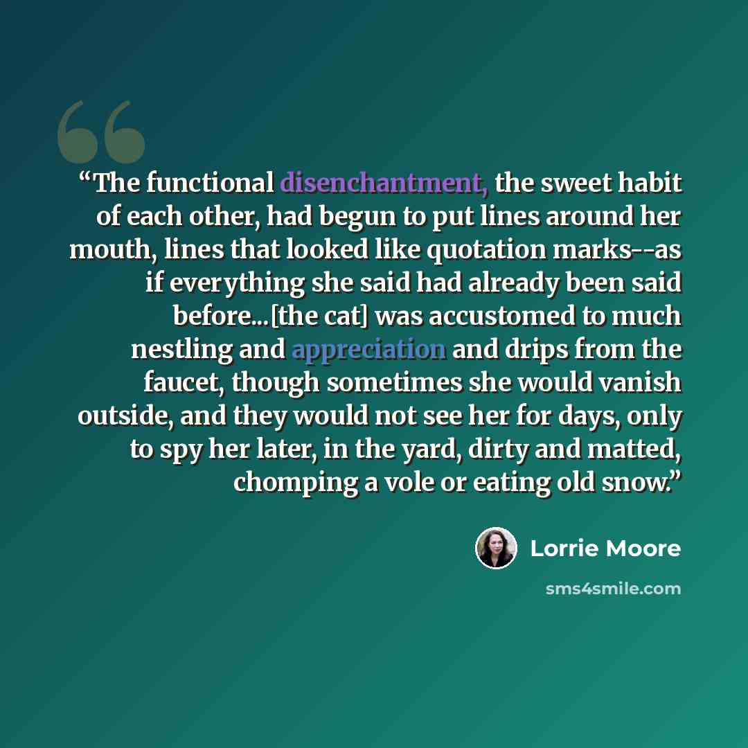 “The functional disenchantment, the sweet habit of each other, had begun to put lines around her mouth, lines that looked like quotation marks--as if everything she said had already been said before...[the cat] was accustomed to much nestling and appreciation and drips from the faucet, though…” quote by Lorrie Moore
