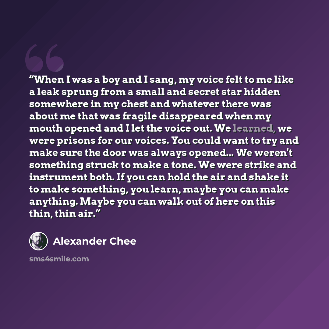 “When I was a boy and I sang, my voice felt to me like a leak sprung from a small and secret star hidden somewhere in my chest and whatever there was about me that was fragile disappeared when my mouth opened and I let the voice out. We learned, we were prisons for our voices. You could want to try…” quote by Alexander Chee