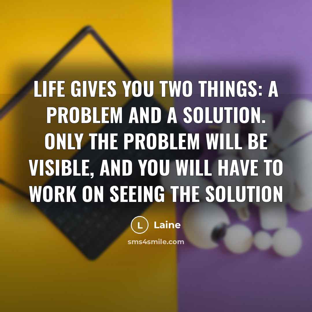 “Life gives you two things: a problem and a solution. Only the problem will be visible, and you will have to work on seeing the solution” quote by Laine