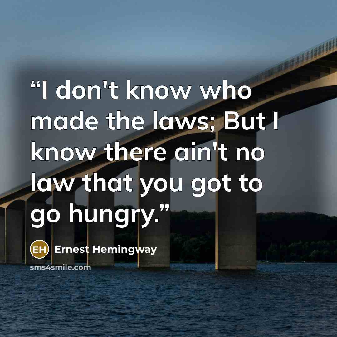 “I don't know who made the laws; But I know there ain't no law that you got to go hungry.” quote by Ernest Hemingway