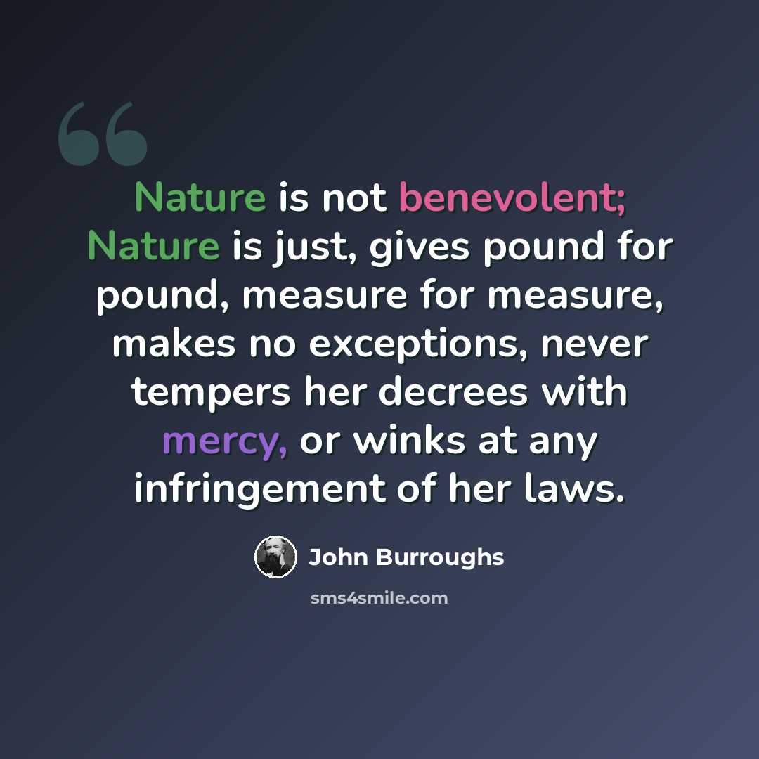 “Nature is not benevolent; Nature is just, gives pound for pound, measure for measure, makes no exceptions, never tempers her decrees with mercy, or winks at any infringement of her laws.” quote by John Burroughs