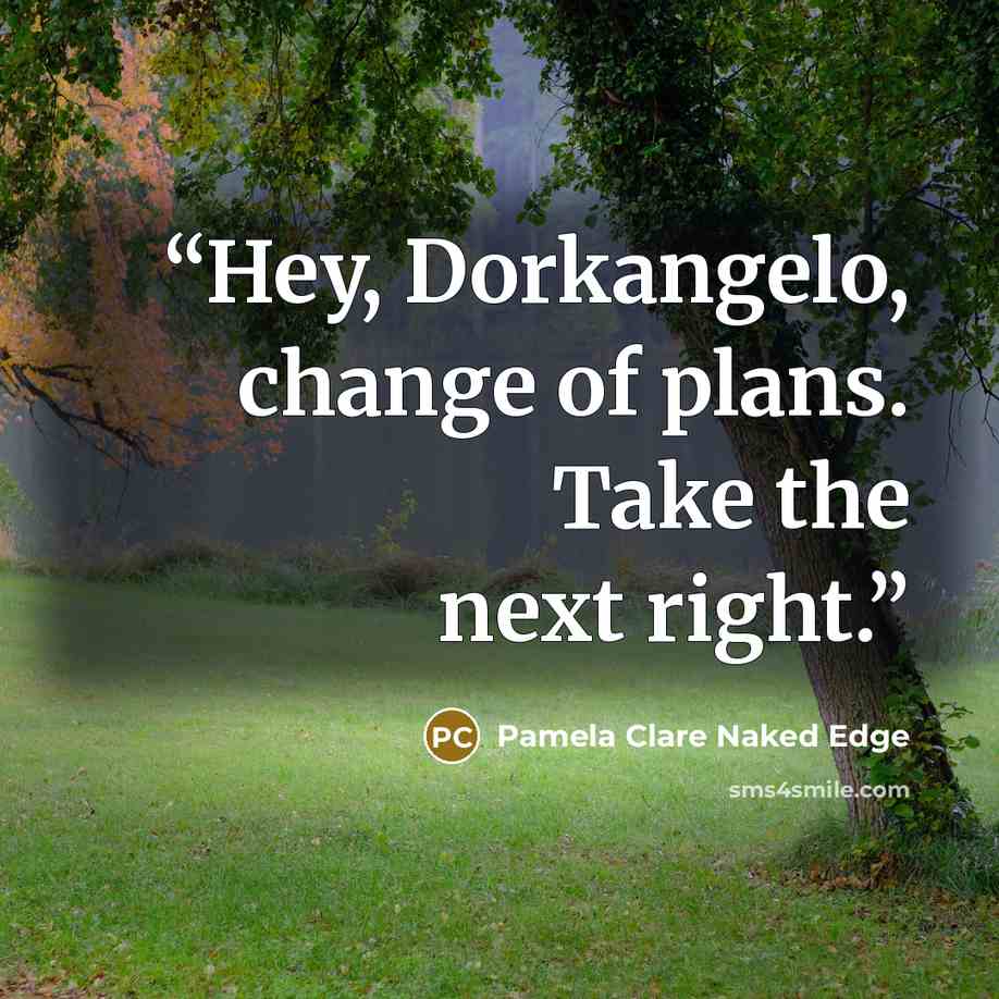 “Hey, Dorkangelo, change of plans. Take the next right.” quote by Pamela Clare Naked Edge