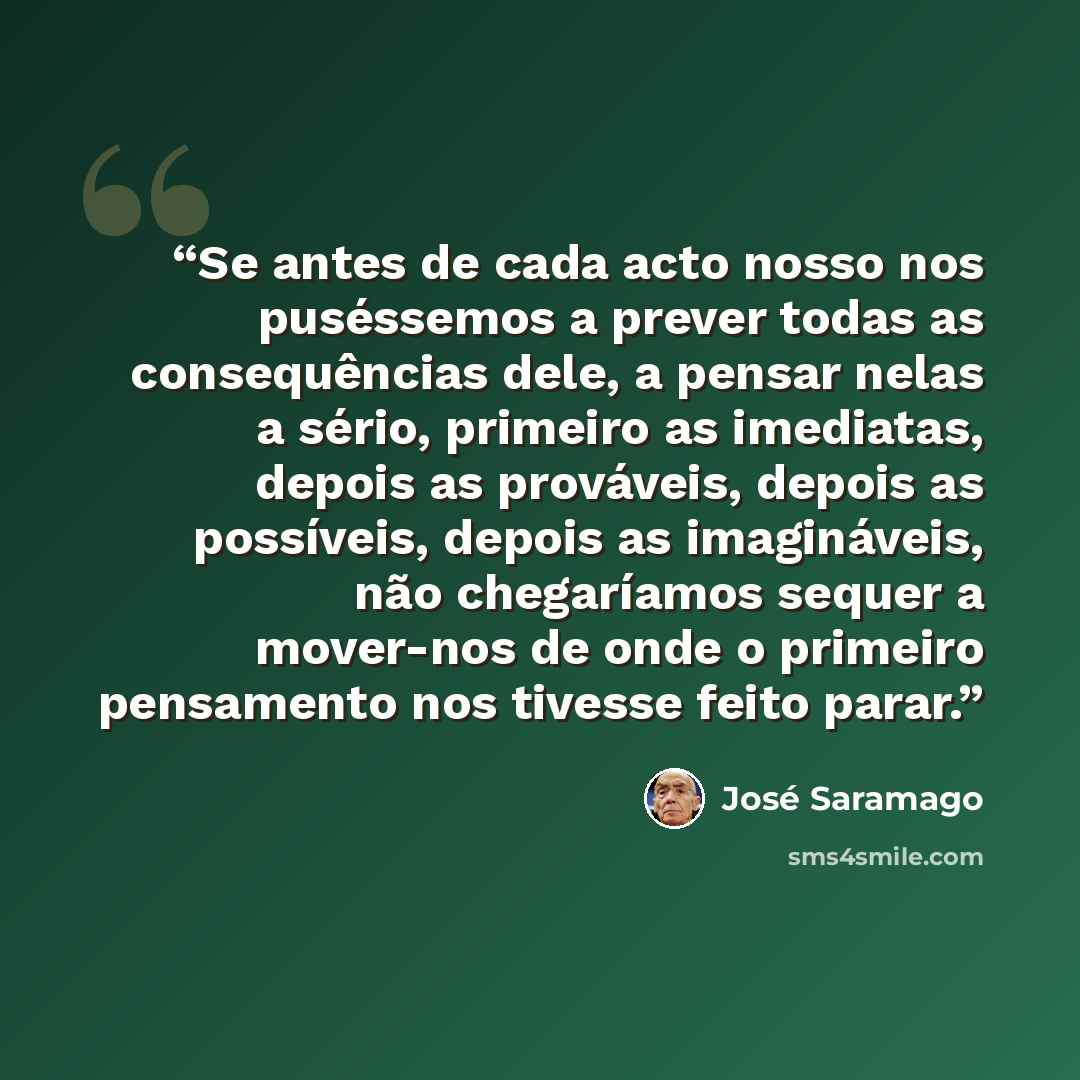 “Se antes de cada acto nosso nos puséssemos a prever todas as consequências dele, a pensar nelas a sério, primeiro as imediatas, depois as prováveis, depois as possíveis, depois as imagináveis, não chegaríamos sequer a mover-nos de onde o primeiro pensamento nos tivesse feito parar.” quote by José Saramago