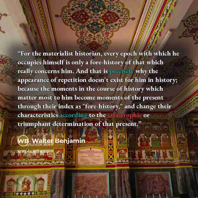 “For the materialist historian, every epoch with which he occupies himself is only a fore-history of that which really concerns him. And that is precisely why the appearance of repetition doesn't exist for him in history; because the moments in the course of history which matter most to him become…” quote by Walter Benjamin