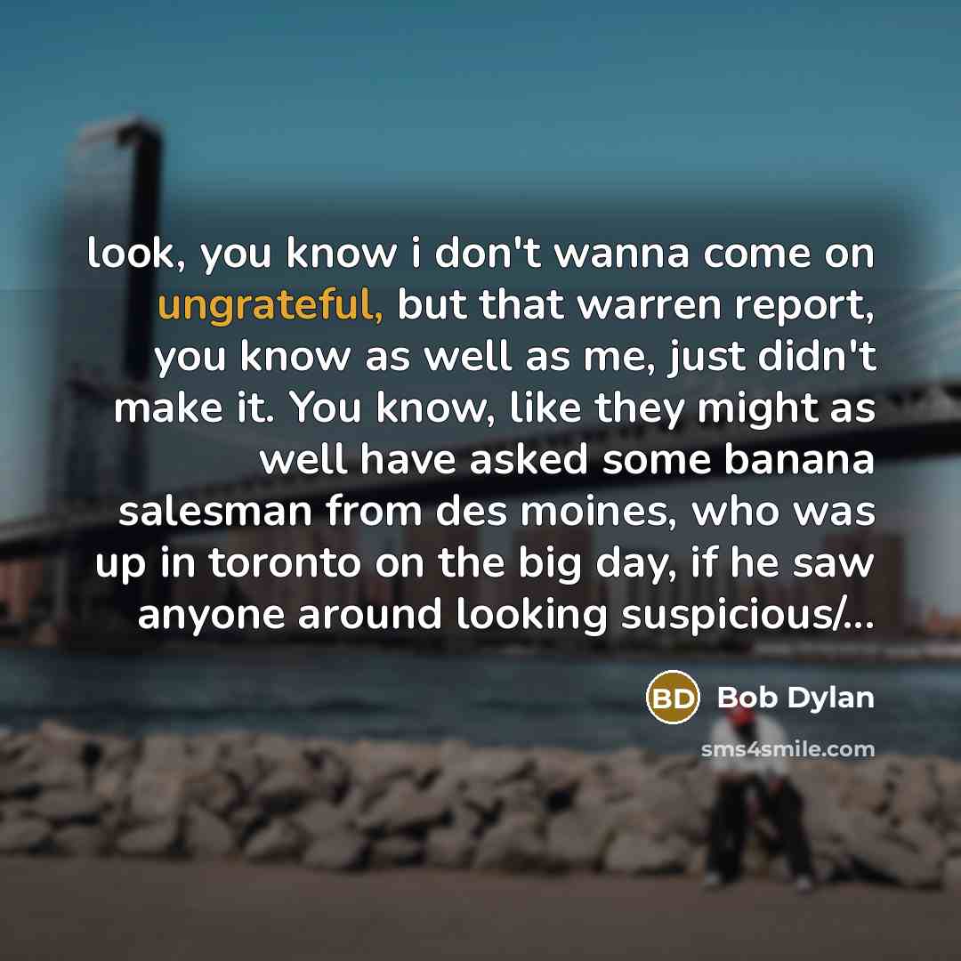 “look, you know i don't wanna come on ungrateful, but that warren report, you know as well as me, just didn't make it. You know, like they might as well have asked some banana salesman from des moines, who was up in toronto on the big day, if he saw anyone around looking suspicious/...” quote by Bob Dylan