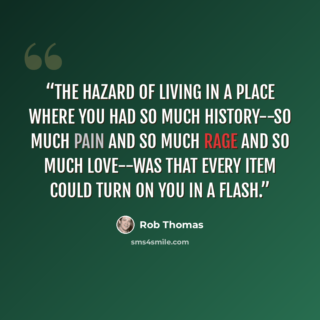 “The hazard of living in a place where you had so much history--so much pain and so much rage and so much love--was that every item could turn on you in a flash.” quote by Rob Thomas