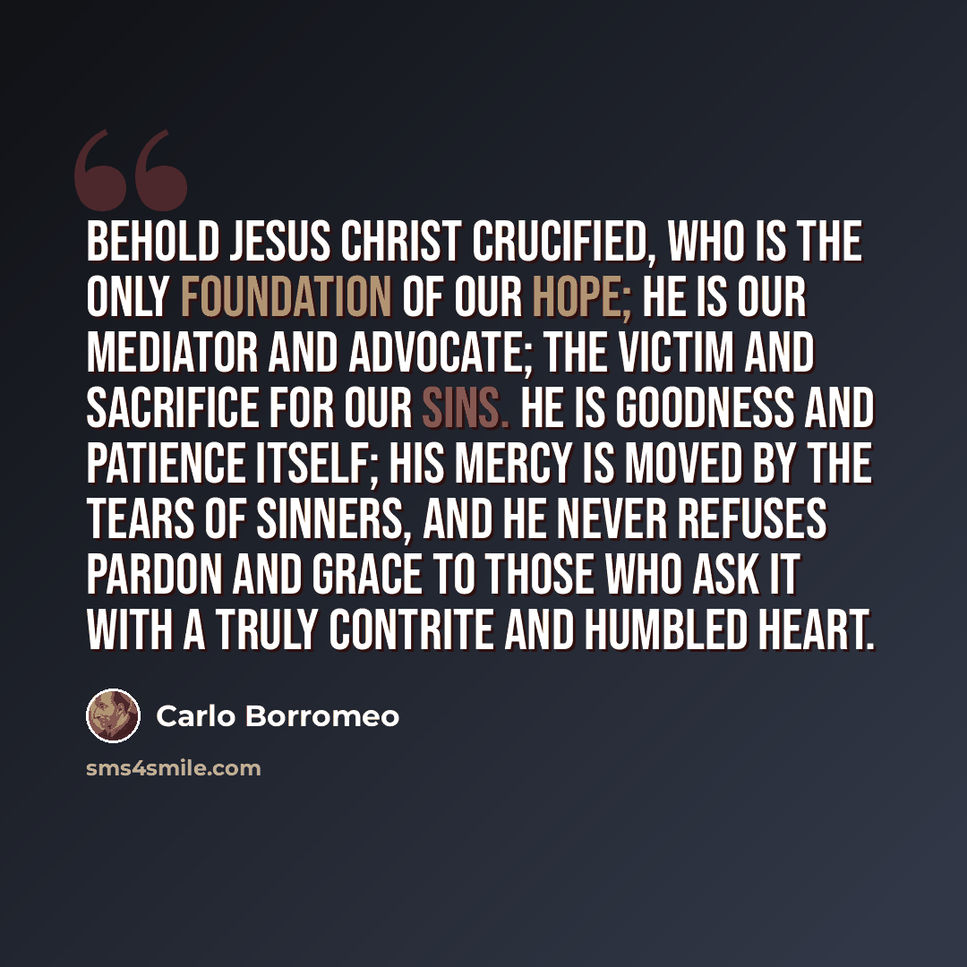 “Behold Jesus Christ crucified, Who is the only foundation of our hope; He is our Mediator and Advocate; the victim and sacrifice for our sins. He is goodness and patience itself; His mercy is moved by the tears of sinners, and He never refuses pardon and grace to those who ask it with a truly…” quote by Carlo Borromeo