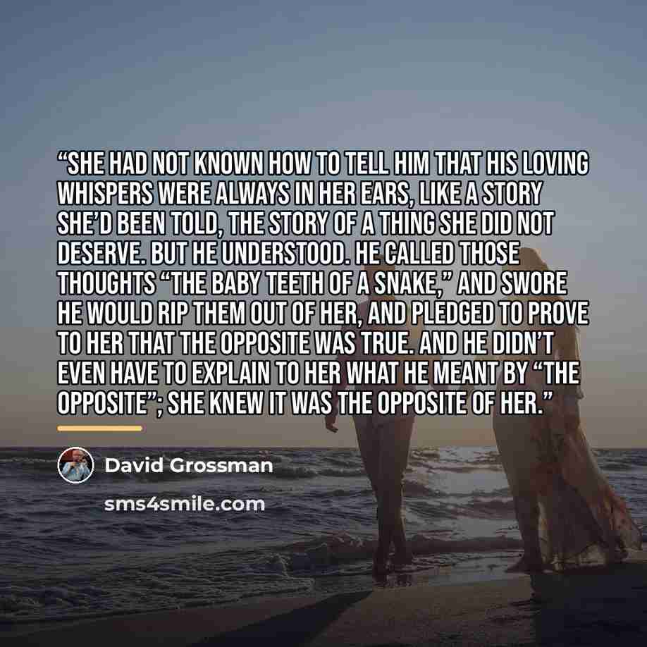 “She had not known how to tell him that his loving whispers were always in her ears, like a story she’d been told, the story of a thing she did not deserve. But he understood. He called those thoughts “the baby teeth of a snake,” and swore he would rip them out of her, and pledged to prove to her…” quote by David Grossman