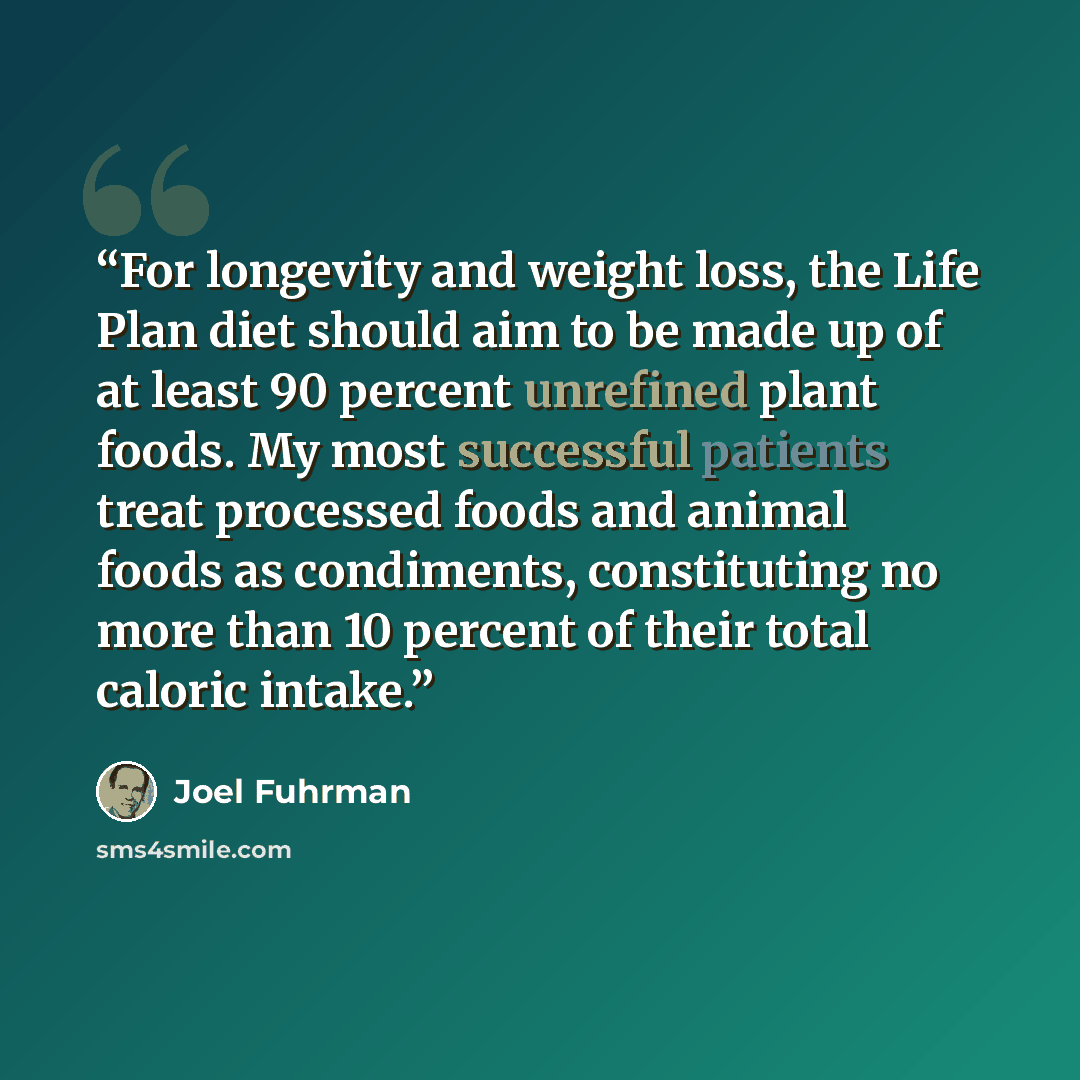 “For longevity and weight loss, the Life Plan diet should aim to be made up of at least 90 percent unrefined plant foods. My most successful patients treat processed foods and animal foods as condiments, constituting no more than 10 percent of their total caloric intake.” quote by Joel Fuhrman