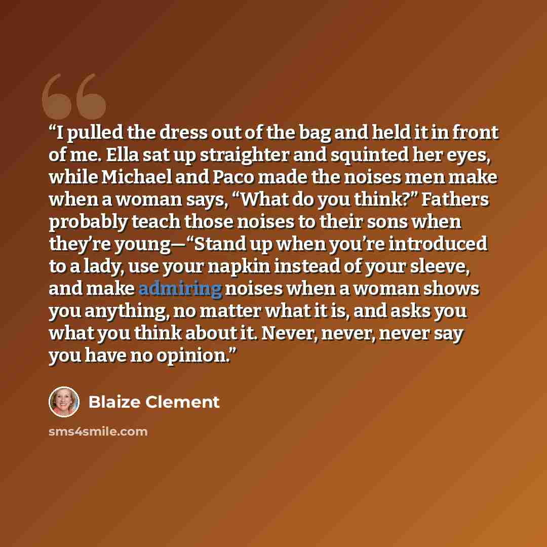 “I pulled the dress out of the bag and held it in front of me. Ella sat up straighter and squinted her eyes, while Michael and Paco made the noises men make when a woman says, “What do you think?” Fathers probably teach those noises to their sons when they’re young—“Stand up when you’re introduced…” quote by Blaize Clement