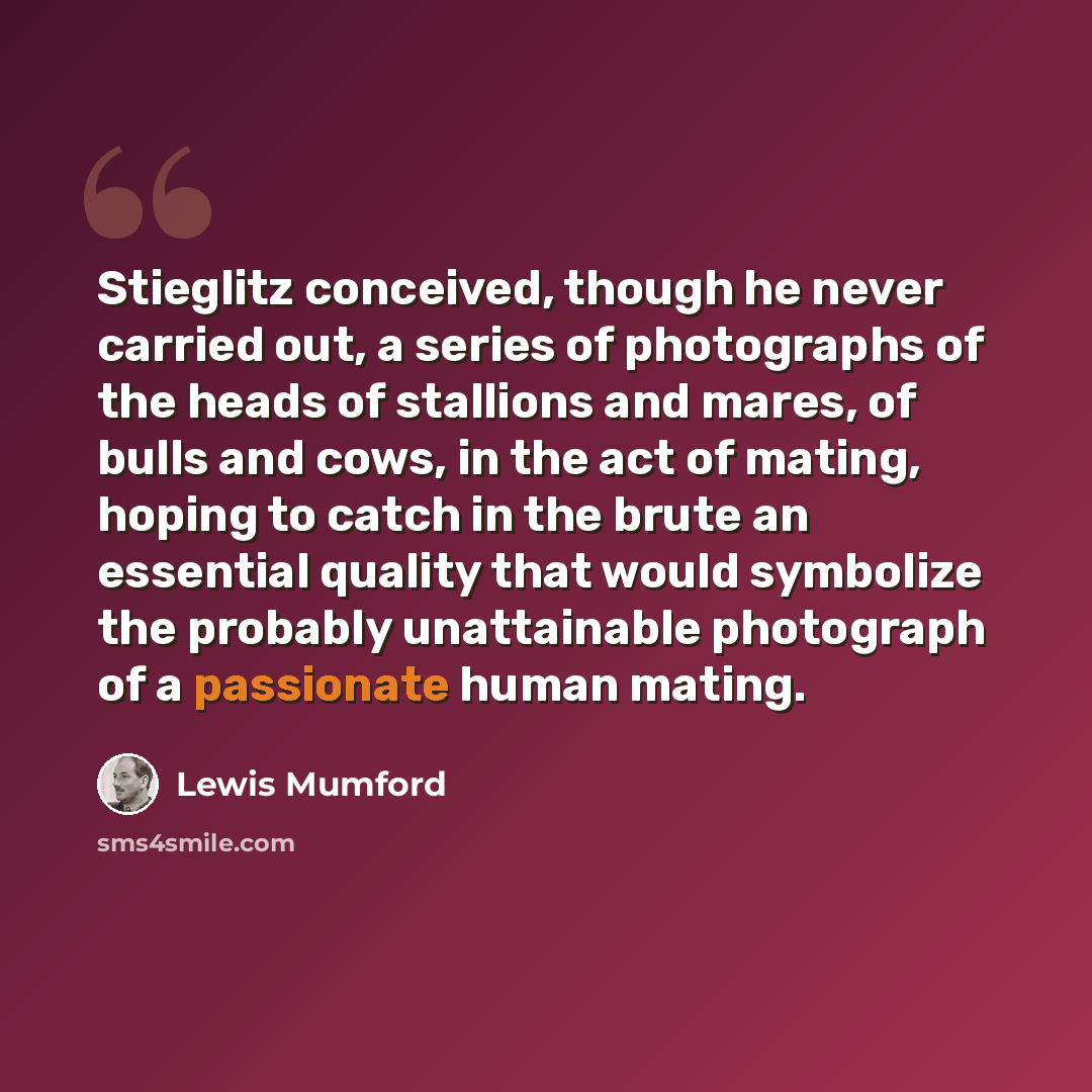“Stieglitz conceived, though he never carried out, a series of photographs of the heads of stallions and mares, of bulls and cows, in the act of mating, hoping to catch in the brute an essential quality that would symbolize the probably unattainable photograph of a passionate human mating.” quote by Lewis Mumford
