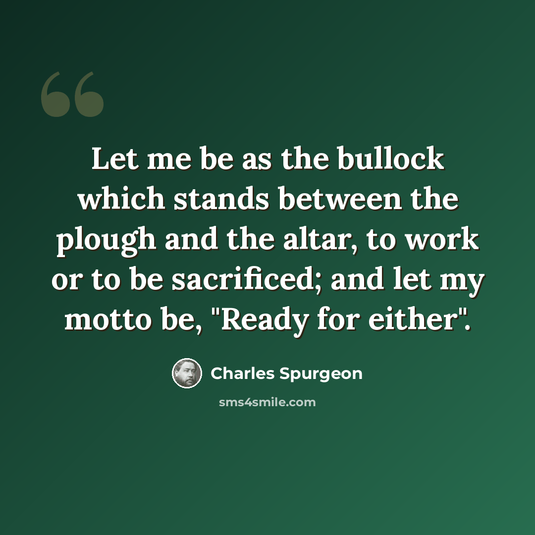 “Let me be as the bullock which stands between the plough and the altar, to work or to be sacrificed; and let my motto be, "Ready for either".” quote by Charles Spurgeon