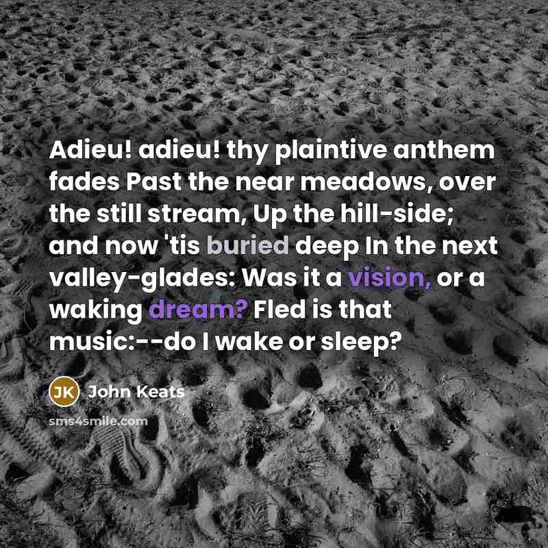 “Adieu! adieu! thy plaintive anthem fades Past the near meadows, over the still stream, Up the hill-side; and now 'tis buried deep In the next valley-glades: Was it a vision, or a waking dream? Fled is that music:--do I wake or sleep?” quote by John Keats