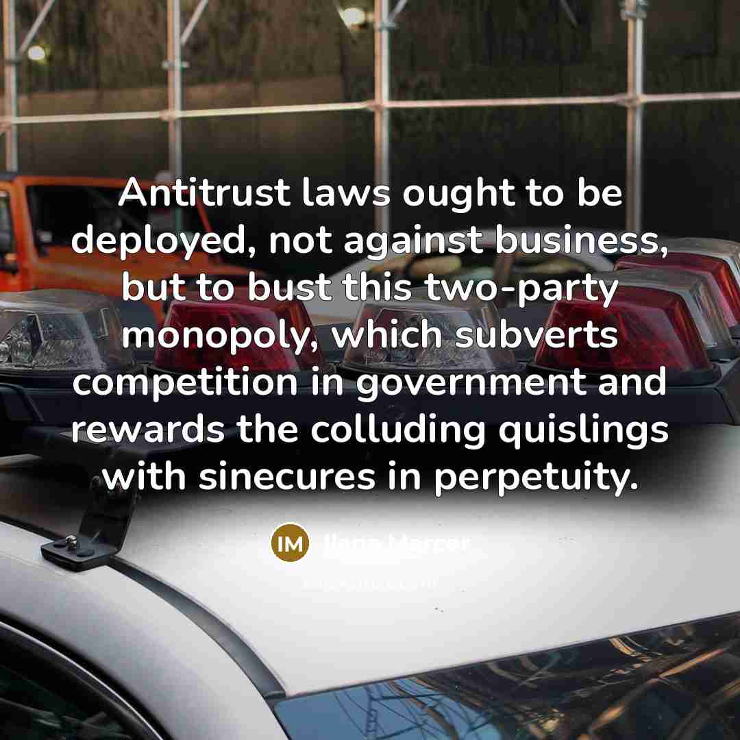 “Antitrust laws ought to be deployed, not against business, but to bust this two-party monopoly, which subverts competition in government and rewards the colluding quislings with sinecures in perpetuity.” quote by Ilana Mercer