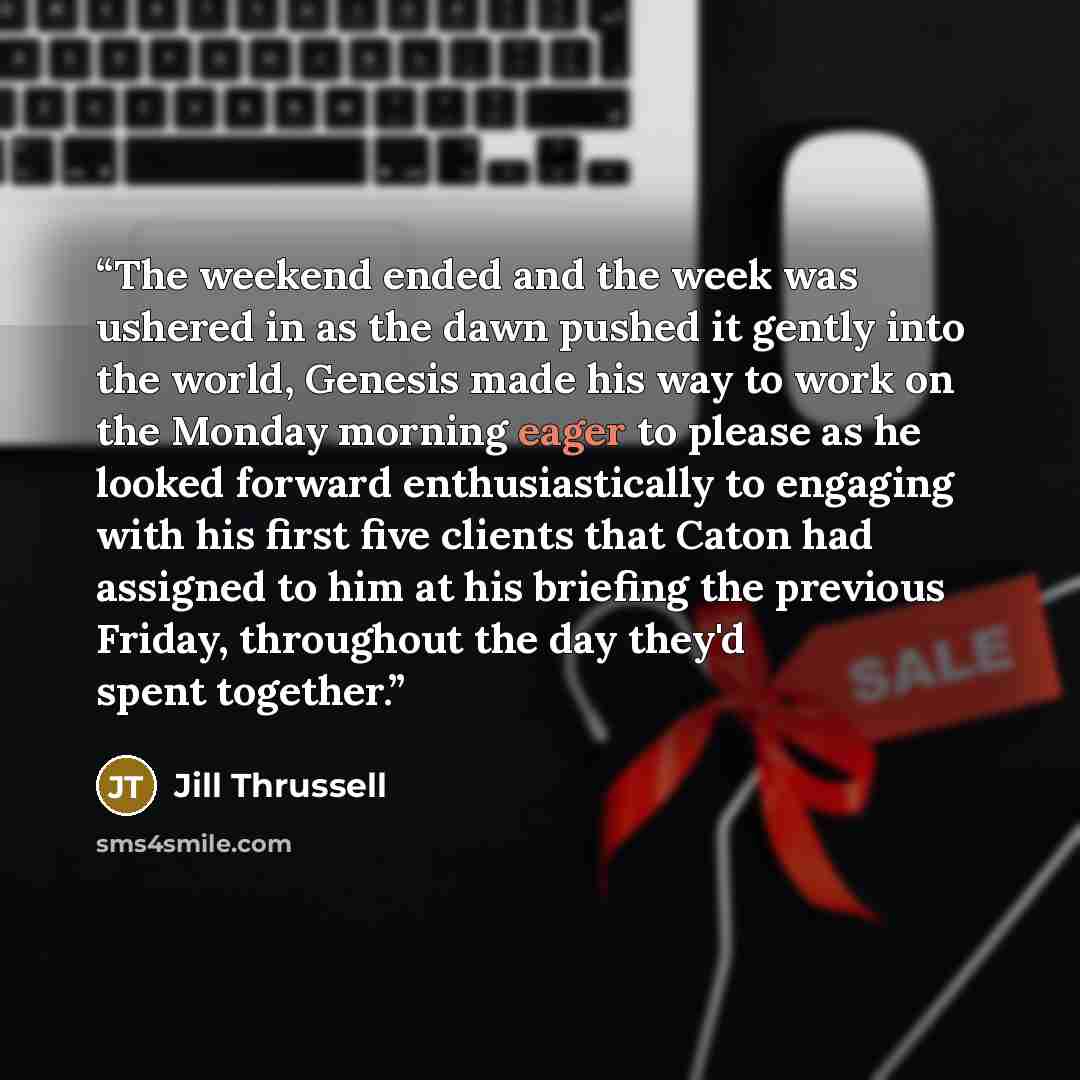 “The weekend ended and the week was ushered in as the dawn pushed it gently into the world, Genesis made his way to work on the Monday morning eager to please as he looked forward enthusiastically to engaging with his first five clients that Caton had assigned to him at his briefing the previous…” quote by Jill Thrussell