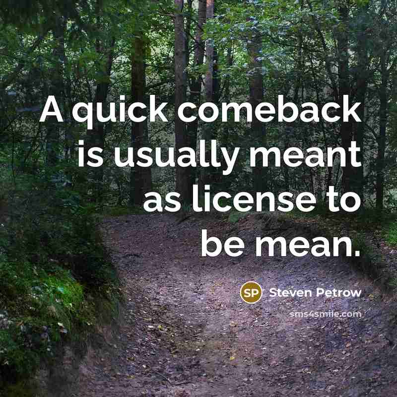“A quick comeback is usually meant as license to be mean.” quote by Steven Petrow