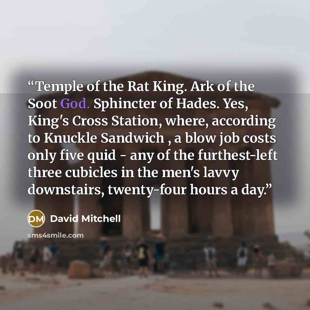 “Temple of the Rat King. Ark of the Soot God. Sphincter of Hades. Yes, King's Cross Station, where, according to Knuckle Sandwich , a blow job costs only five quid - any of the furthest-left three cubicles in the men's lavvy downstairs, twenty-four hours a day.” quote by David Mitchell