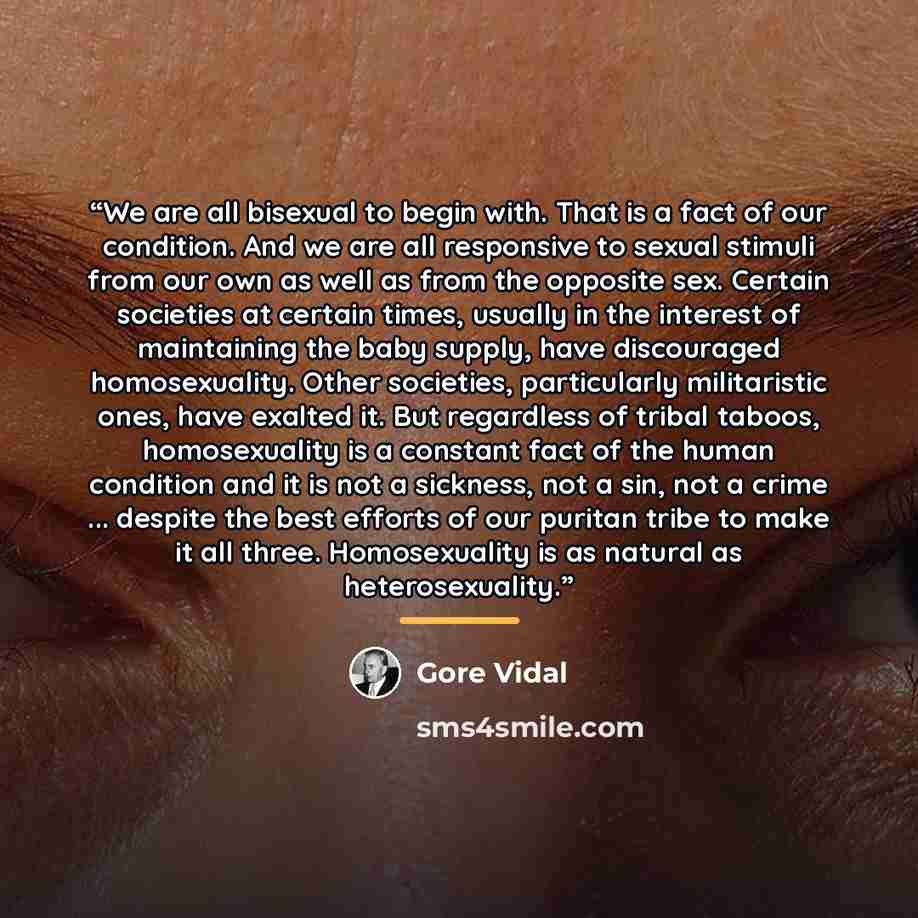 “We are all bisexual to begin with. That is a fact of our condition. And we are all responsive to sexual stimuli from our own as well as from the opposite sex. Certain societies at certain times, usually in the interest of maintaining the baby supply, have discouraged homosexuality. Other…” quote by Gore Vidal