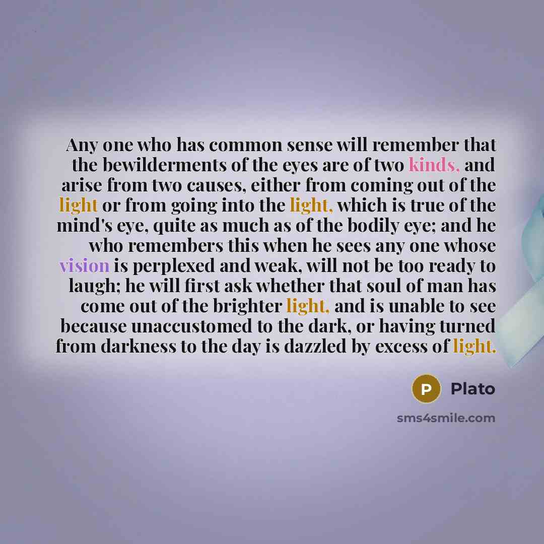 “Any one who has common sense will remember that the bewilderments of the eyes are of two kinds, and arise from two causes, either from coming out of the light or from going into the light, which is true of the mind's eye, quite as much as of the bodily eye; and he who remembers this when he sees…” quote by Plato