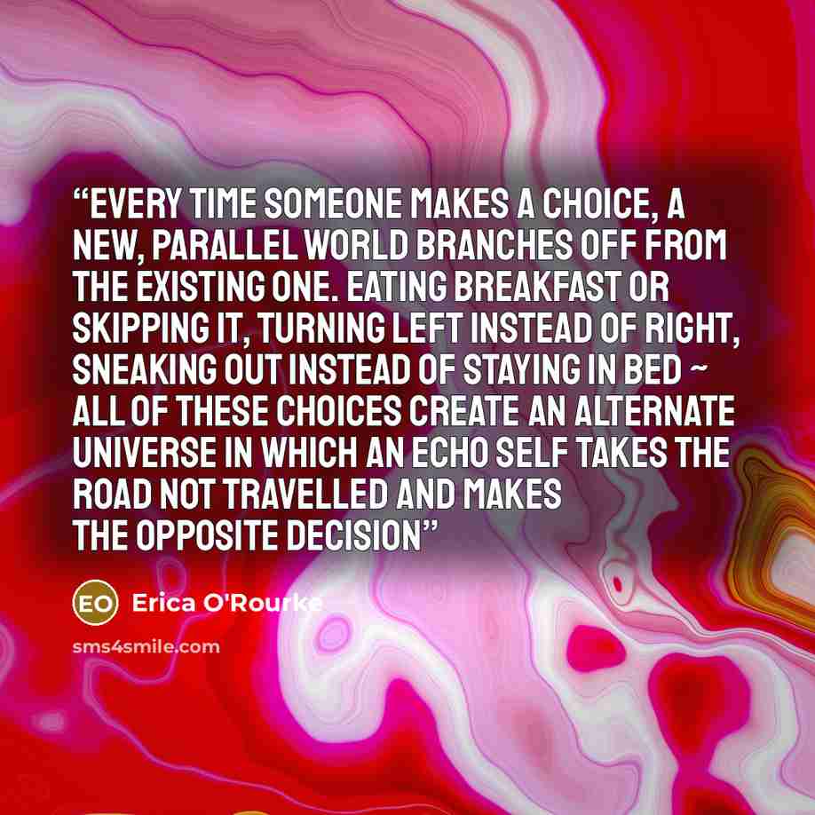 “Every time someone makes a choice, a new, parallel world branches off from the existing one. Eating breakfast or skipping it, turning left instead of right, sneaking out instead of staying in bed ~ all of these choices create an alternate universe in which an echo self takes the road not travelled…” quote by Erica O'Rourke