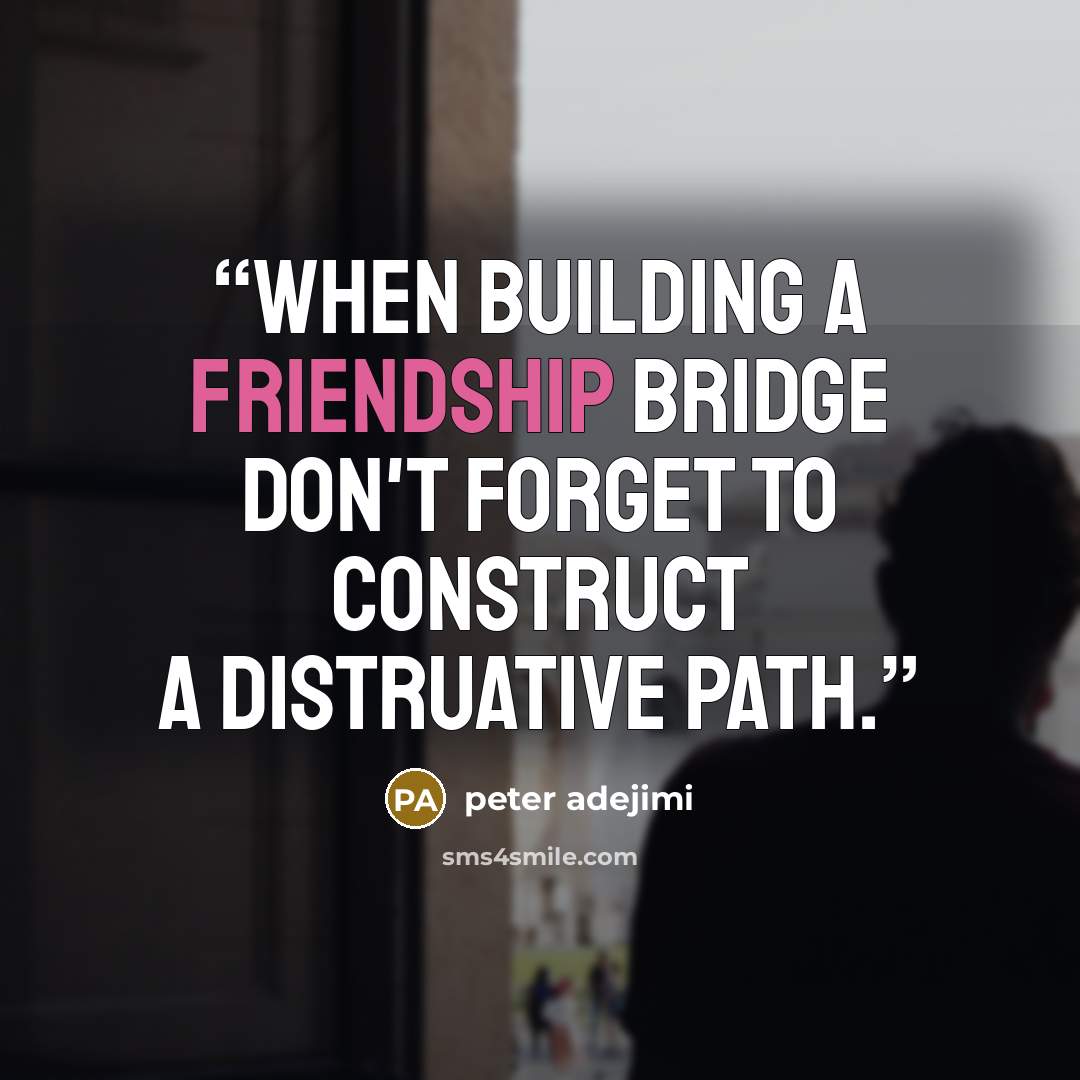 “when building a friendship bridge don't forget to construct a distruative path.” quote by peter adejimi