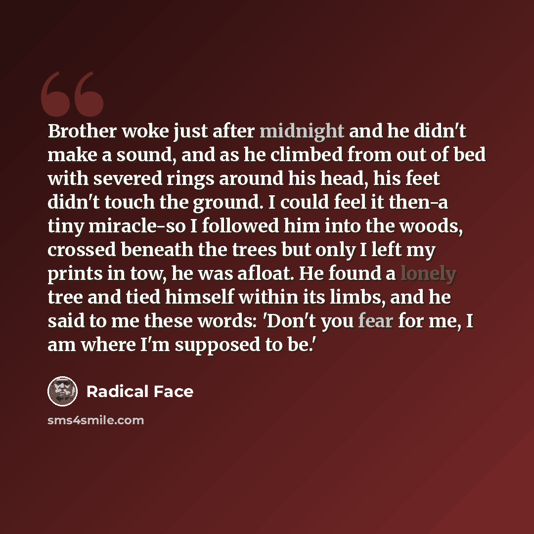 “Brother woke just after midnight and he didn't make a sound, and as he climbed from out of bed with severed rings around his head, his feet didn't touch the ground. I could feel it then-a tiny miracle-so I followed him into the woods, crossed beneath the trees but only I left my prints in tow, he…” quote by Radical Face