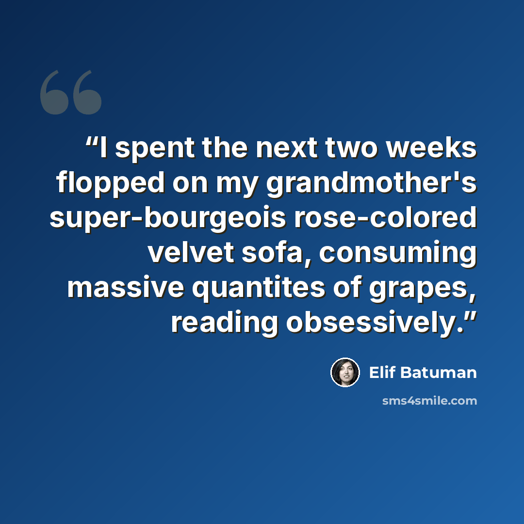 “I spent the next two weeks flopped on my grandmother's super-bourgeois rose-colored velvet sofa, consuming massive quantites of grapes, reading obsessively.” quote by Elif Batuman