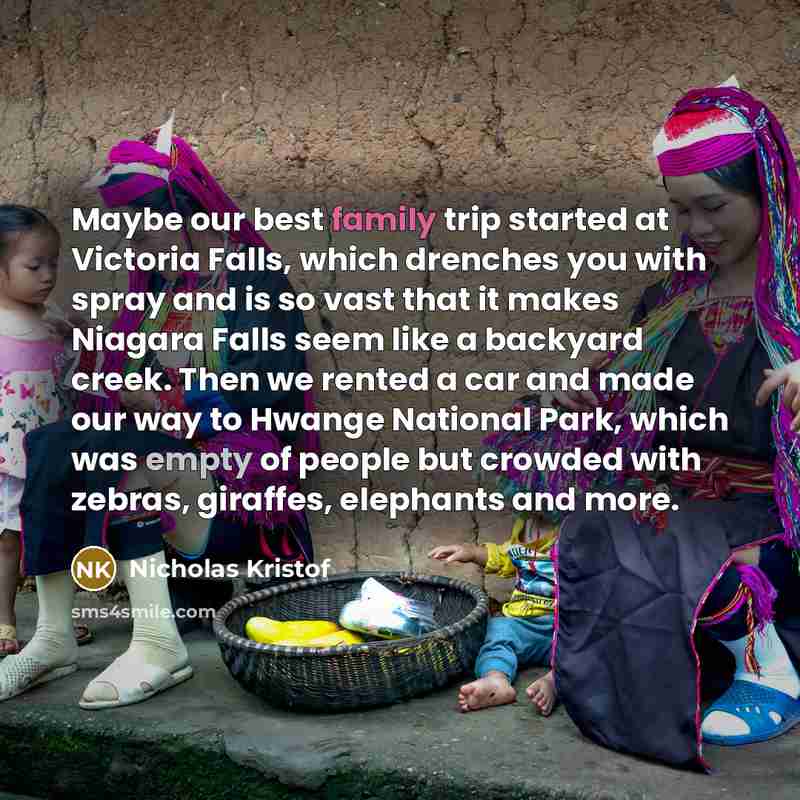 “Maybe our best family trip started at Victoria Falls, which drenches you with spray and is so vast that it makes Niagara Falls seem like a backyard creek. Then we rented a car and made our way to Hwange National Park, which was empty of people but crowded with zebras, giraffes, elephants and more.” quote by Nicholas Kristof
