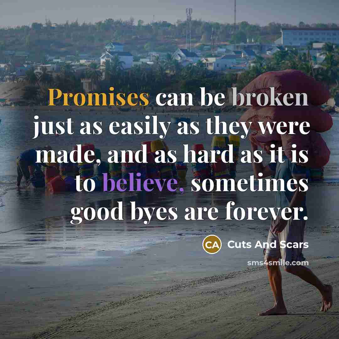 “Promises can be broken just as easily as they were made, and as hard as it is to believe, sometimes good byes are forever.” quote by Cuts And Scars