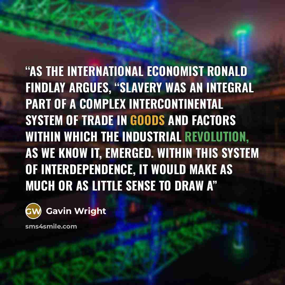 “As the international economist Ronald Findlay argues, “slavery was an integral part of a complex intercontinental system of trade in goods and factors within which the Industrial Revolution, as we know it, emerged. Within this system of interdependence, it would make as much or as little sense to…” quote by Gavin Wright