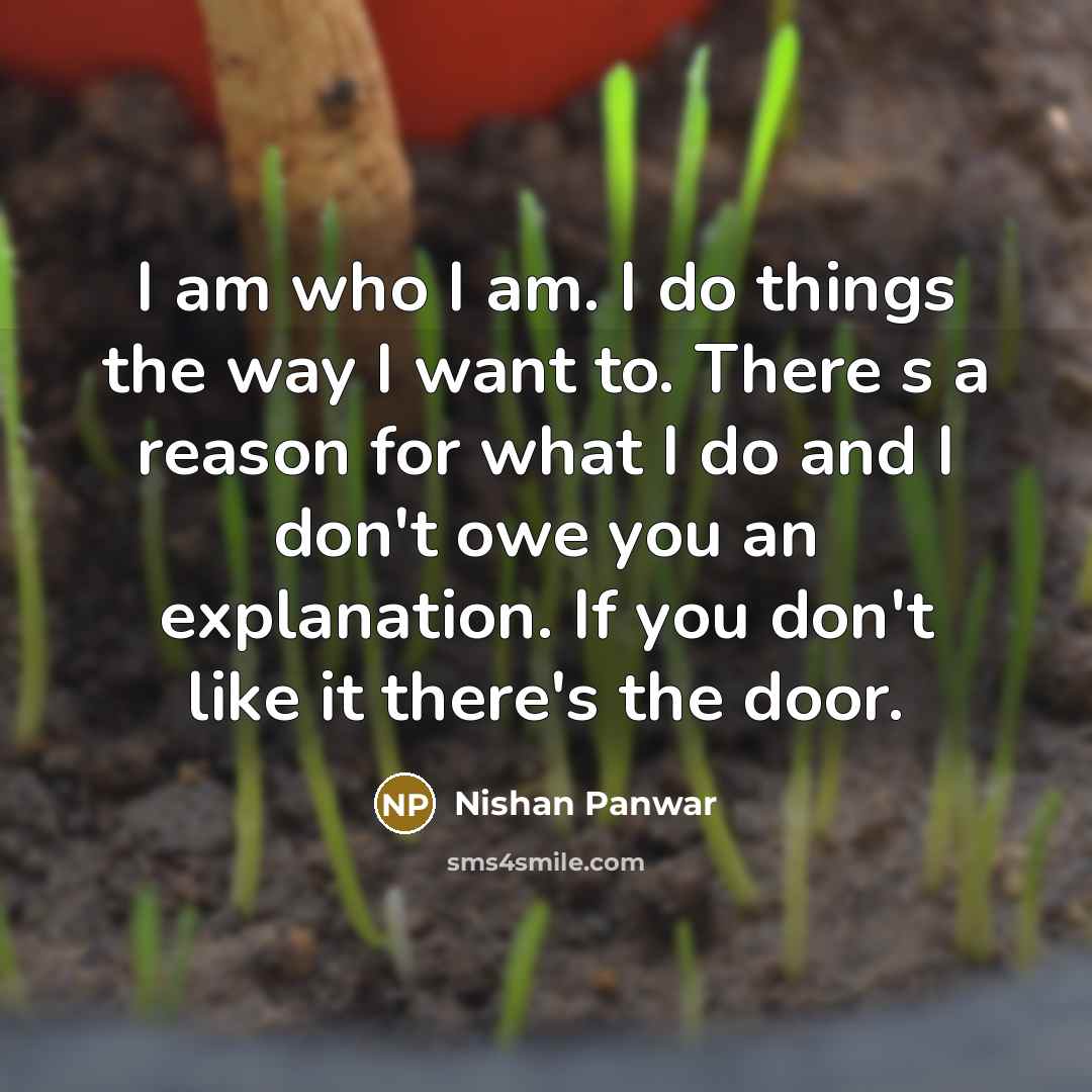 “I am who I am. I do things the way I want to. There s a reason for what I do and I don't owe you an explanation. If you don't like it there's the door.” quote by Nishan Panwar