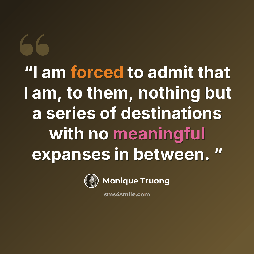 “I am forced to admit that I am, to them, nothing but a series of destinations with no meaningful expanses in between.” quote by Monique Truong