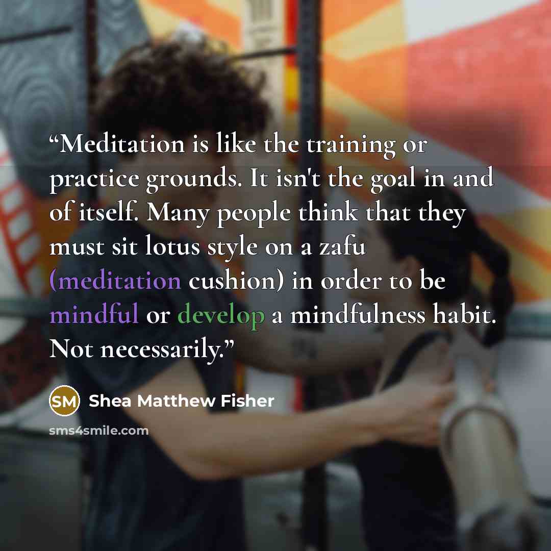 “Meditation is like the training or practice grounds. It isn't the goal in and of itself. Many people think that they must sit lotus style on a zafu (meditation cushion) in order to be mindful or develop a mindfulness habit. Not necessarily.” quote by Shea Matthew Fisher